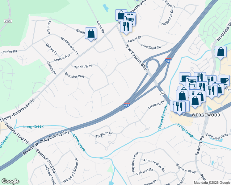 map of restaurants, bars, coffee shops, grocery stores, and more near 8940 Raven Park Drive in Charlotte