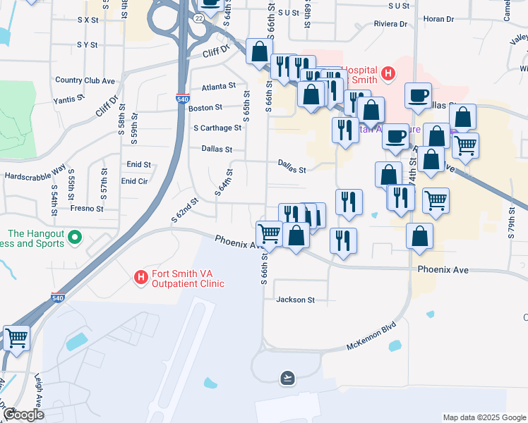 map of restaurants, bars, coffee shops, grocery stores, and more near 3502 South 66th Street in Fort Smith