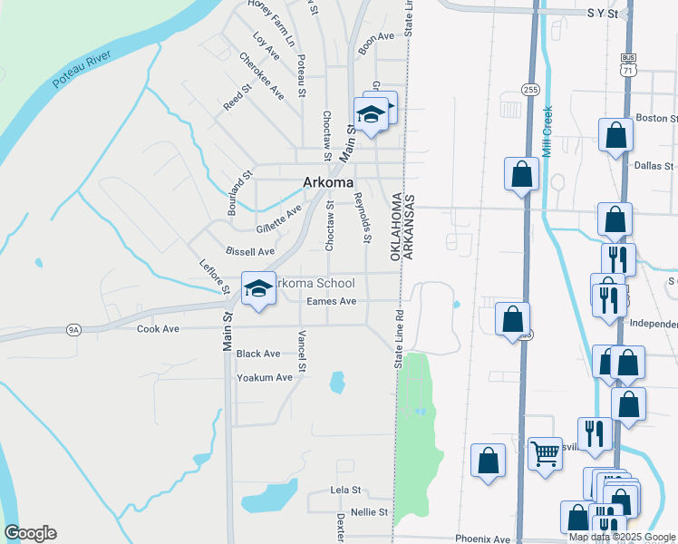 map of restaurants, bars, coffee shops, grocery stores, and more near 200-398 Eames Avenue in Arkoma