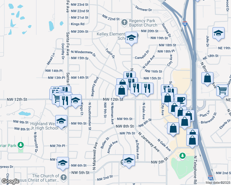 map of restaurants, bars, coffee shops, grocery stores, and more near 901 Northwest 12th Street in Moore