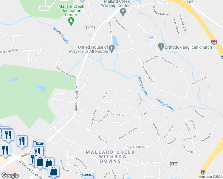 map of restaurants, bars, coffee shops, grocery stores, and more near 2504 Radrick Lane in Charlotte