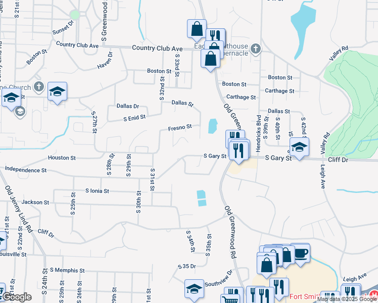map of restaurants, bars, coffee shops, grocery stores, and more near 3323 Gary Street in Fort Smith