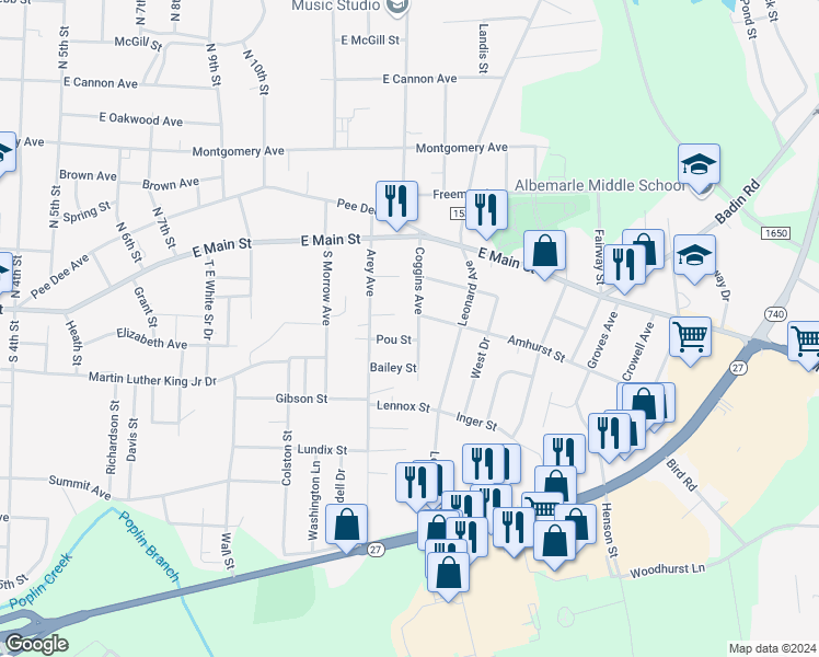 map of restaurants, bars, coffee shops, grocery stores, and more near 310 Coggins Avenue in Albemarle