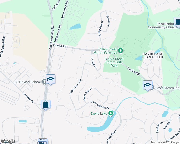 map of restaurants, bars, coffee shops, grocery stores, and more near 5410 Canipe Farm Court in Charlotte