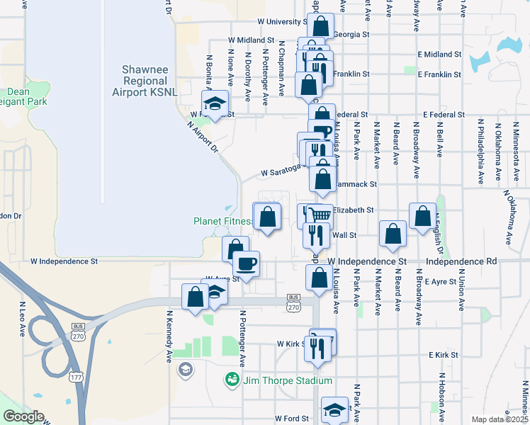 map of restaurants, bars, coffee shops, grocery stores, and more near 1701 North Airport Drive in Shawnee