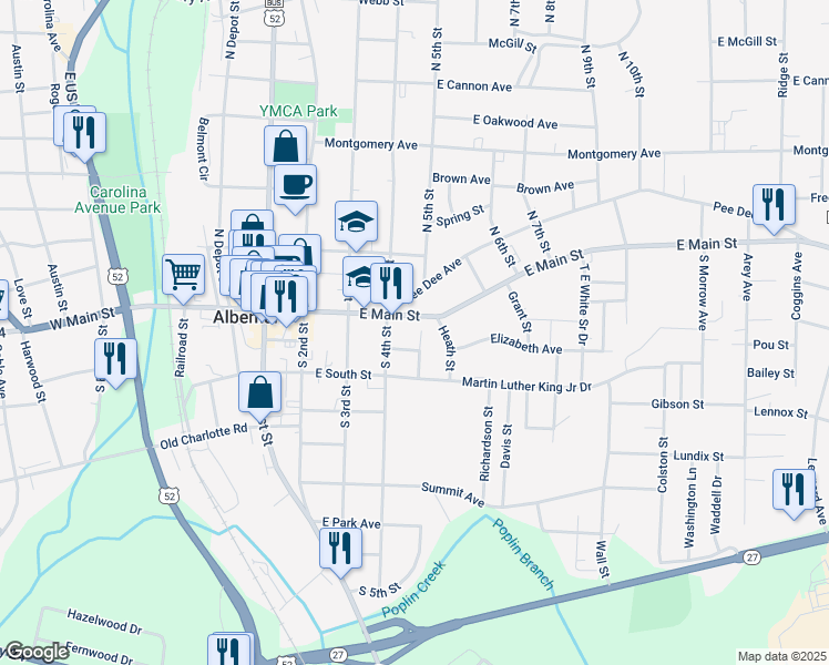 map of restaurants, bars, coffee shops, grocery stores, and more near 300 Green Street in Albemarle