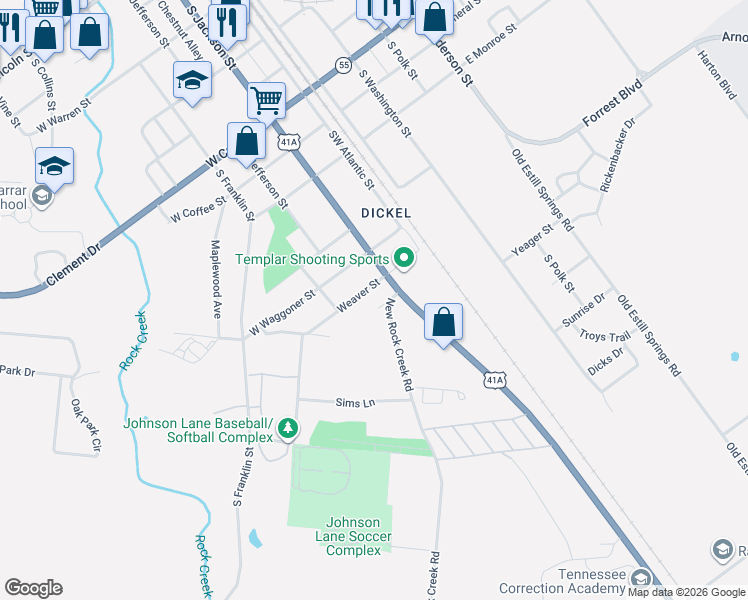 map of restaurants, bars, coffee shops, grocery stores, and more near 106 Southside Street in Tullahoma