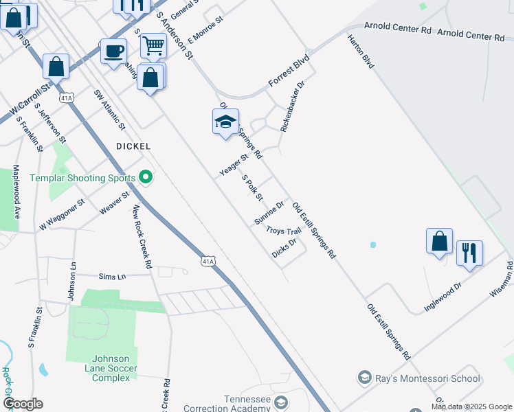map of restaurants, bars, coffee shops, grocery stores, and more near 111 Sunrise Drive in Tullahoma