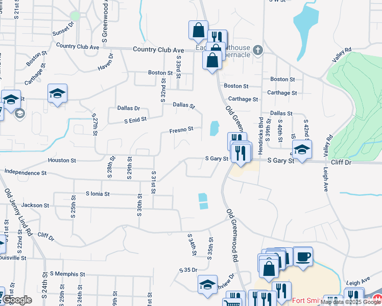 map of restaurants, bars, coffee shops, grocery stores, and more near 3406 Gary Street in Fort Smith
