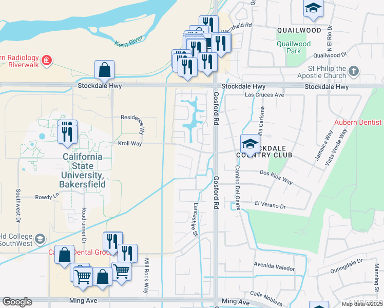 map of restaurants, bars, coffee shops, grocery stores, and more near 516 Portsmouth Street in Bakersfield