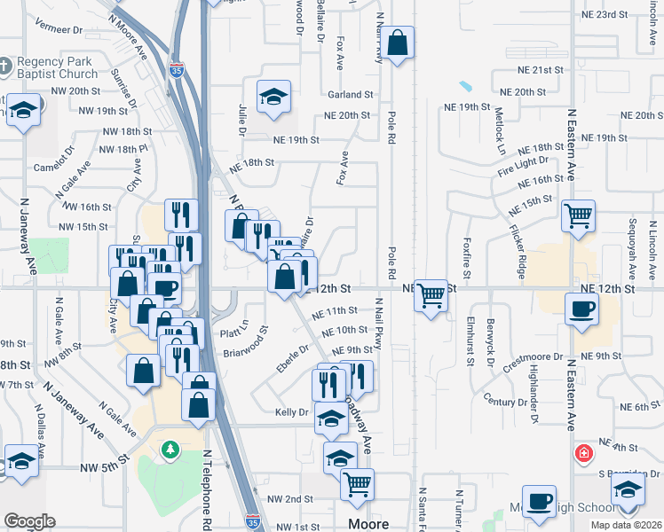 map of restaurants, bars, coffee shops, grocery stores, and more near 108 Oakside Drive in Oklahoma City