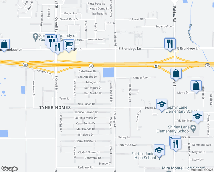 map of restaurants, bars, coffee shops, grocery stores, and more near 5520 San Mateo Drive in Bakersfield