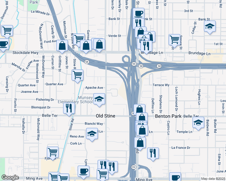 map of restaurants, bars, coffee shops, grocery stores, and more near 434 South Real Road in Bakersfield