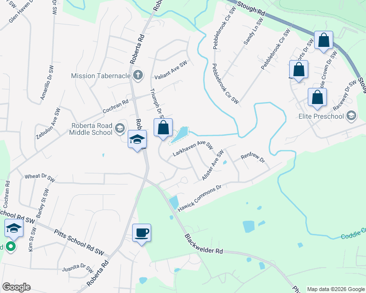 map of restaurants, bars, coffee shops, grocery stores, and more near 3575 Larkhaven Avenue Southwest in Concord