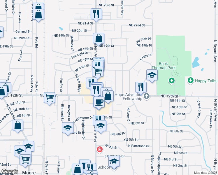 map of restaurants, bars, coffee shops, grocery stores, and more near 1301 Sequoyah Avenue in Moore