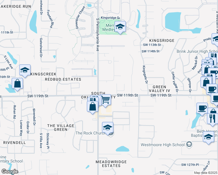 map of restaurants, bars, coffee shops, grocery stores, and more near 1601 Southwest 119th Street in Oklahoma City