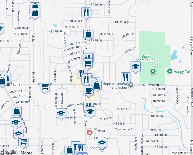 map of restaurants, bars, coffee shops, grocery stores, and more near 1301 Sequoyah Avenue in Moore