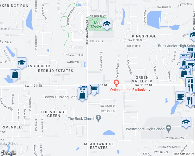 map of restaurants, bars, coffee shops, grocery stores, and more near 1601 Southwest 119th Street in Oklahoma City