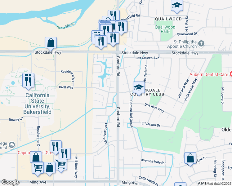 map of restaurants, bars, coffee shops, grocery stores, and more near 512 Berwick Street in Bakersfield