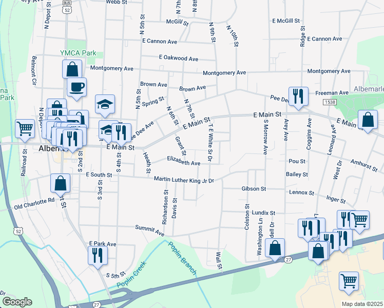 map of restaurants, bars, coffee shops, grocery stores, and more near 246 Pearl Street in Albemarle