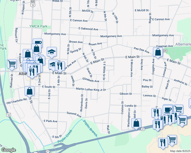 map of restaurants, bars, coffee shops, grocery stores, and more near 246 Pearl Street in Albemarle