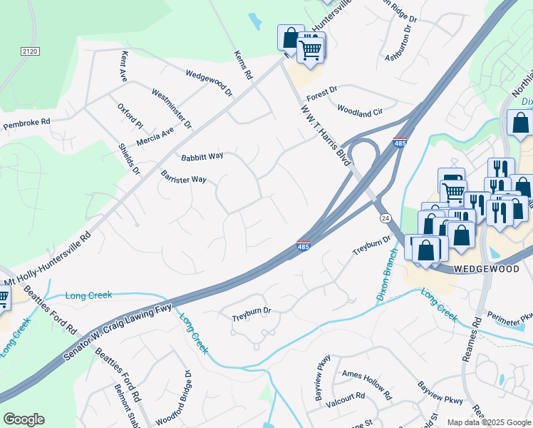 map of restaurants, bars, coffee shops, grocery stores, and more near 8401 Londonshire Drive in Charlotte