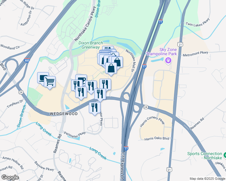 map of restaurants, bars, coffee shops, grocery stores, and more near 6897 Northlake Mall Drive in Charlotte