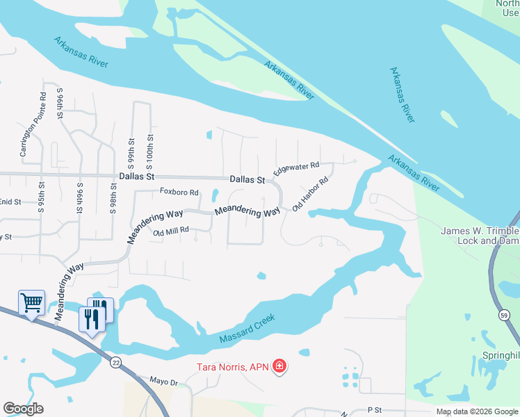 map of restaurants, bars, coffee shops, grocery stores, and more near 10521 Meandering Court in Fort Smith