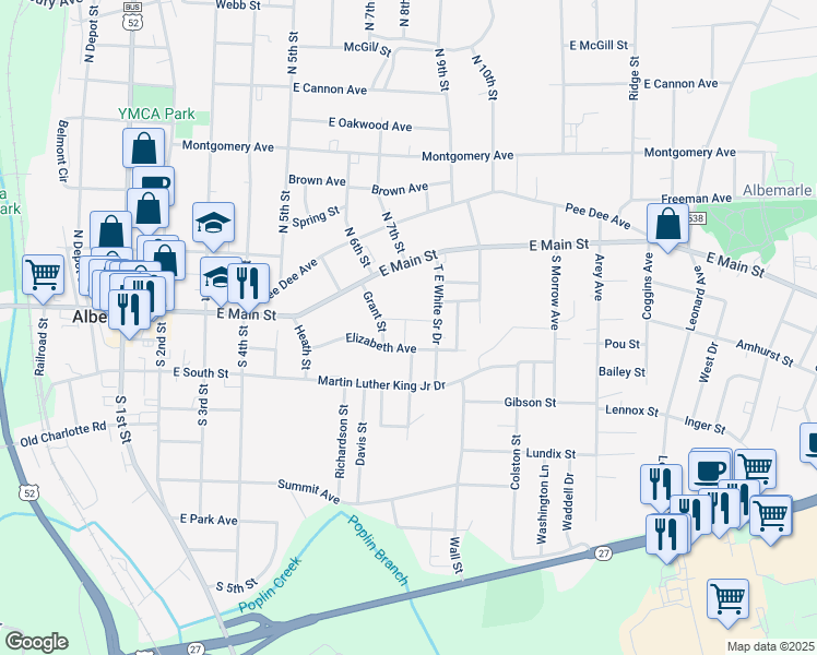 map of restaurants, bars, coffee shops, grocery stores, and more near 804 Ruby Street in Albemarle