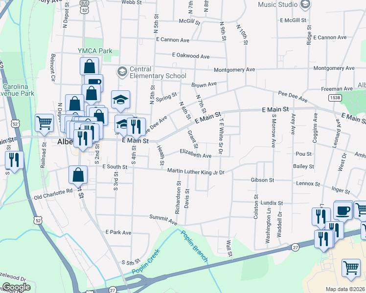map of restaurants, bars, coffee shops, grocery stores, and more near 118 Grant Street in Albemarle
