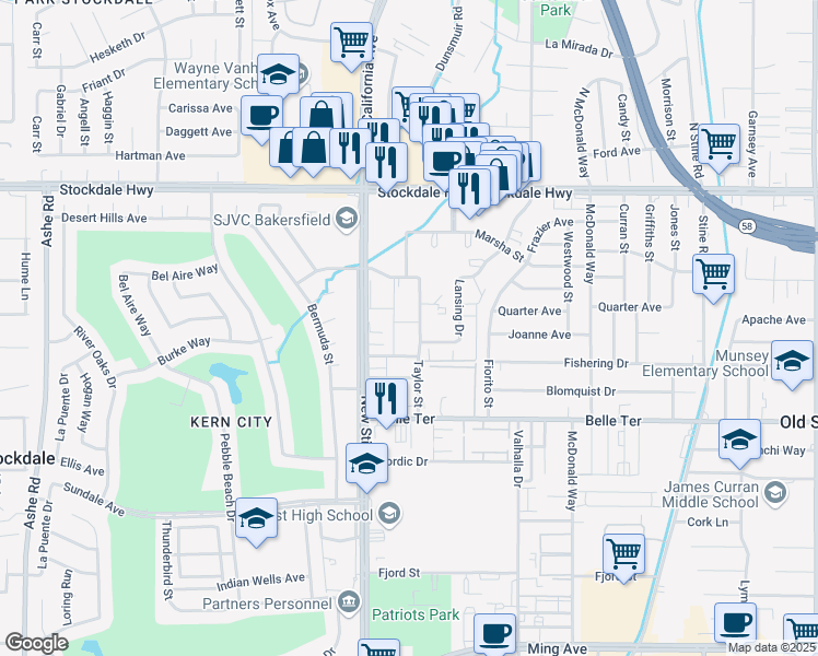 map of restaurants, bars, coffee shops, grocery stores, and more near in Bakersfield