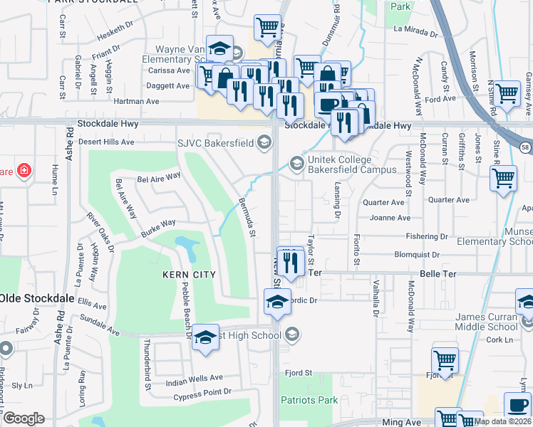 map of restaurants, bars, coffee shops, grocery stores, and more near 600 New Stine Road in Bakersfield