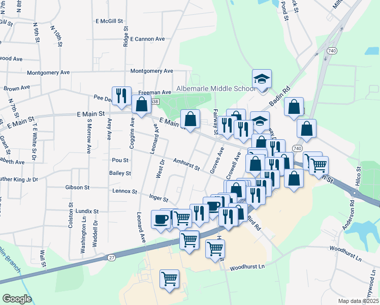 map of restaurants, bars, coffee shops, grocery stores, and more near 143 South Bell Avenue in Albemarle