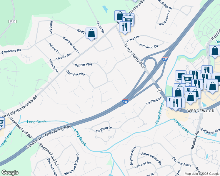 map of restaurants, bars, coffee shops, grocery stores, and more near 8401 Londonshire Drive in Charlotte