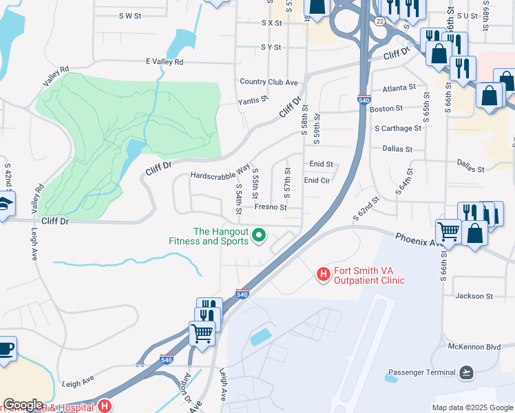 map of restaurants, bars, coffee shops, grocery stores, and more near 3208 South 56th Street in Fort Smith