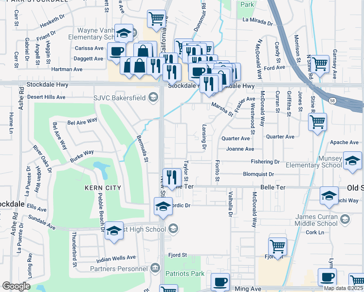 map of restaurants, bars, coffee shops, grocery stores, and more near 517 Taylor Street in Bakersfield