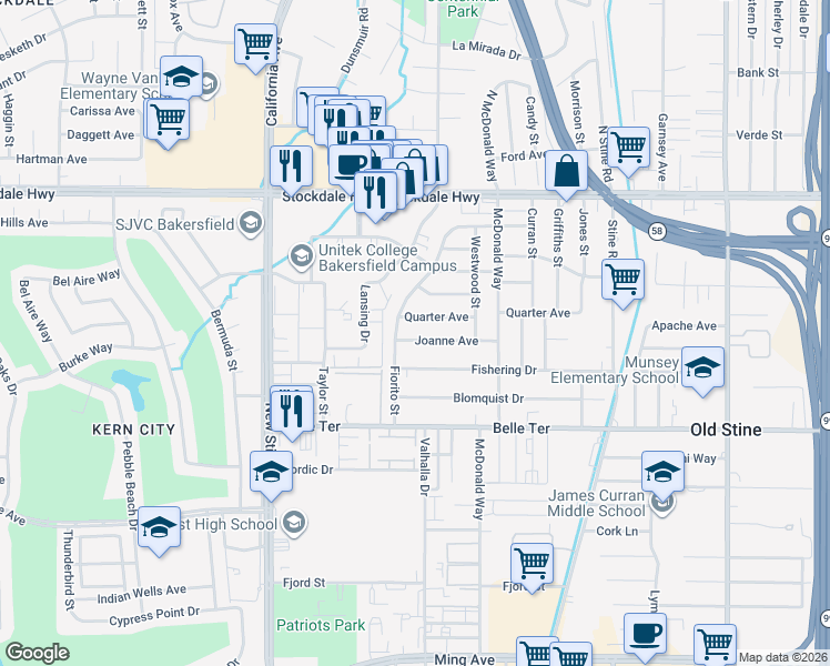 map of restaurants, bars, coffee shops, grocery stores, and more near 4614 Quarter Avenue in Bakersfield