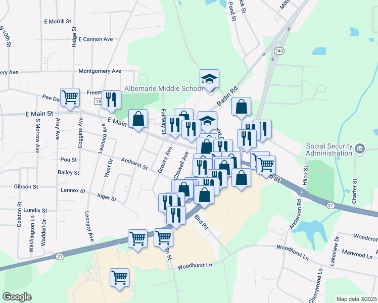 map of restaurants, bars, coffee shops, grocery stores, and more near 1631 Raleigh Highway in Albemarle