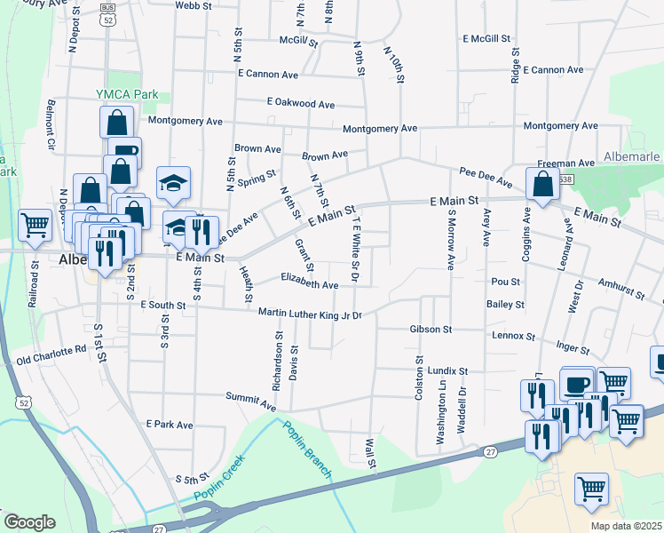 map of restaurants, bars, coffee shops, grocery stores, and more near 804 Ruby Street in Albemarle