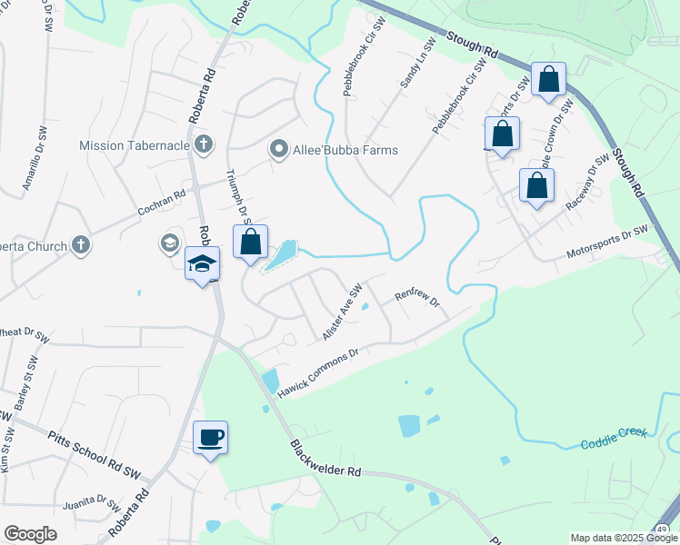 map of restaurants, bars, coffee shops, grocery stores, and more near 3524 Larkhaven Avenue Southwest in Concord