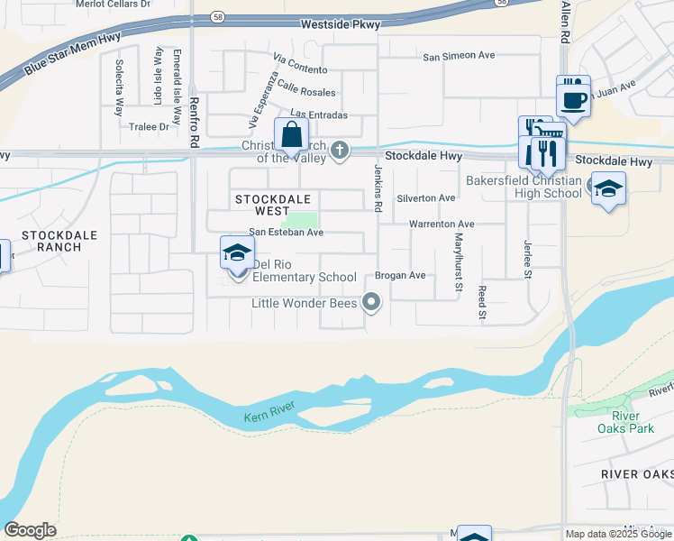map of restaurants, bars, coffee shops, grocery stores, and more near 601 Las Arenas Court in Bakersfield