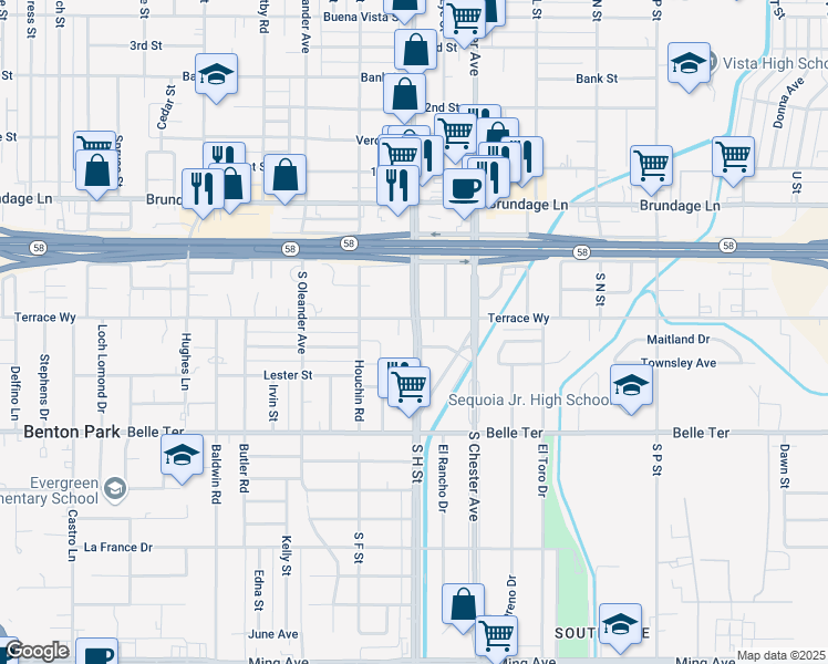 map of restaurants, bars, coffee shops, grocery stores, and more near 1728 Terrace Way in Bakersfield