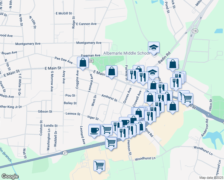 map of restaurants, bars, coffee shops, grocery stores, and more near 143 South Bell Avenue in Albemarle