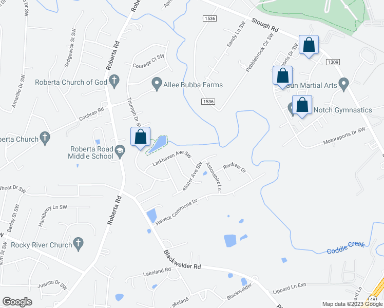 map of restaurants, bars, coffee shops, grocery stores, and more near 3520 Larkhaven Avenue Southwest in Concord