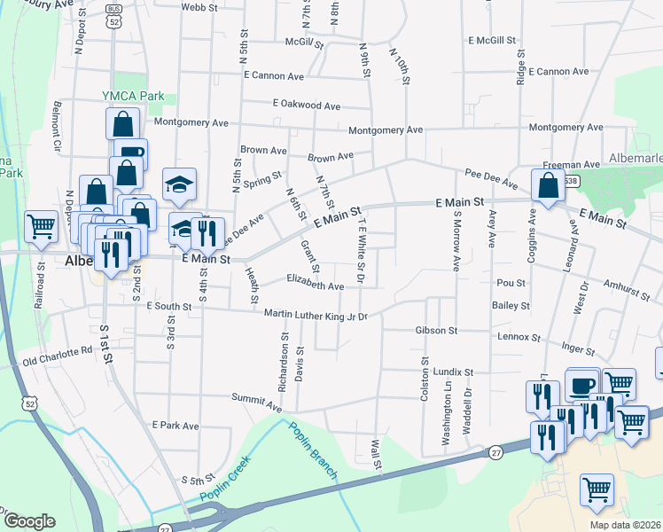 map of restaurants, bars, coffee shops, grocery stores, and more near 713 Ruby Street in Albemarle