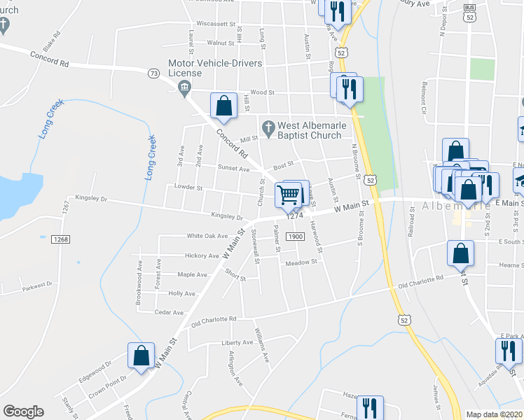 map of restaurants, bars, coffee shops, grocery stores, and more near 116 Church Street in Albemarle