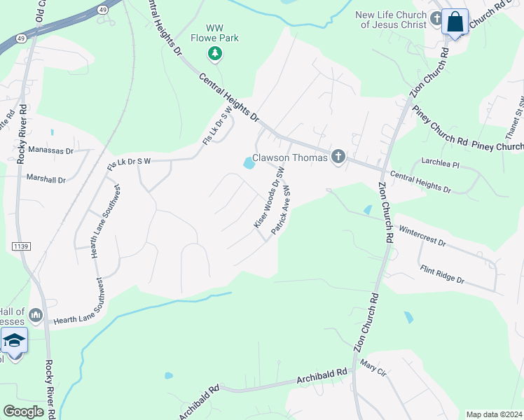 map of restaurants, bars, coffee shops, grocery stores, and more near 4258 Kiser Woods Drive Southwest in Concord