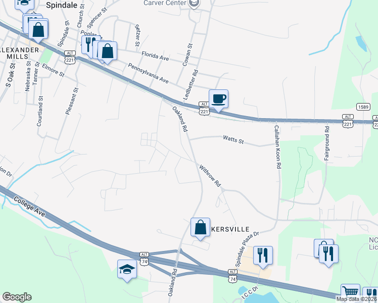 map of restaurants, bars, coffee shops, grocery stores, and more near 268 Oakland Road in Spindale