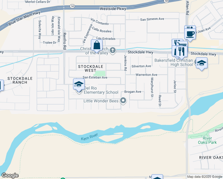 map of restaurants, bars, coffee shops, grocery stores, and more near 601 Las Arenas Court in Bakersfield