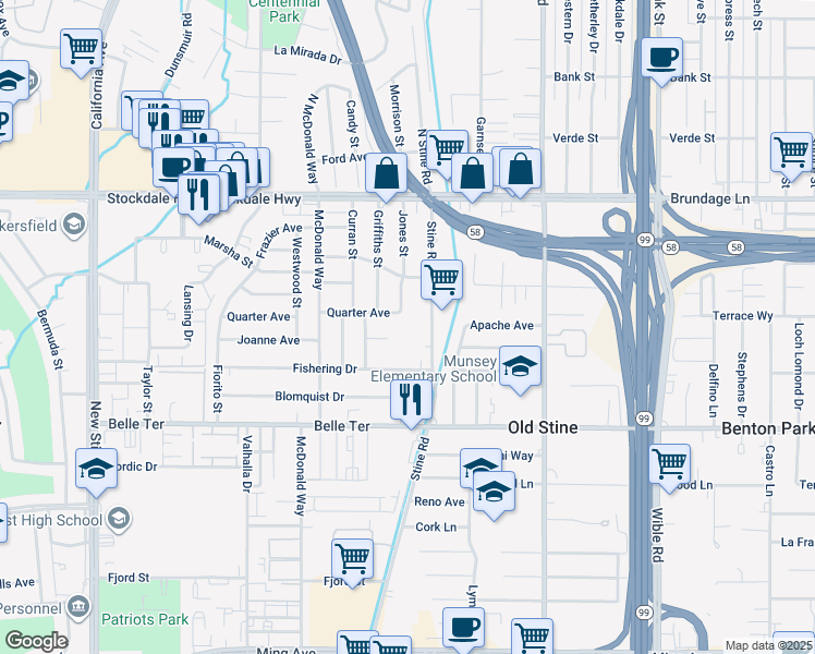 map of restaurants, bars, coffee shops, grocery stores, and more near 310 Jones Street in Bakersfield